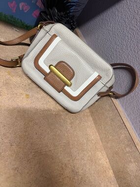 Fossil Cream and Brown Pebble Leather Crossbody with Gold Accent